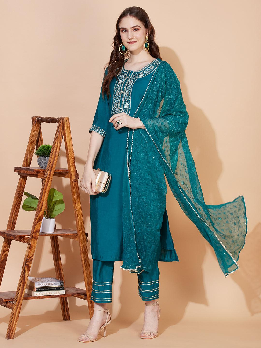 Ethnic Embroidered Straight Kurta with Pants & Dupatta - Teal Green - Indiakreations