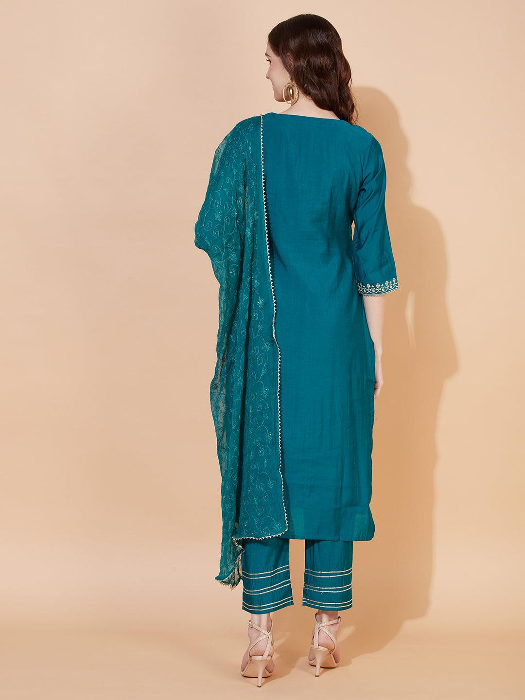 Ethnic Embroidered Straight Kurta with Pants & Dupatta - Teal Green - Indiakreations