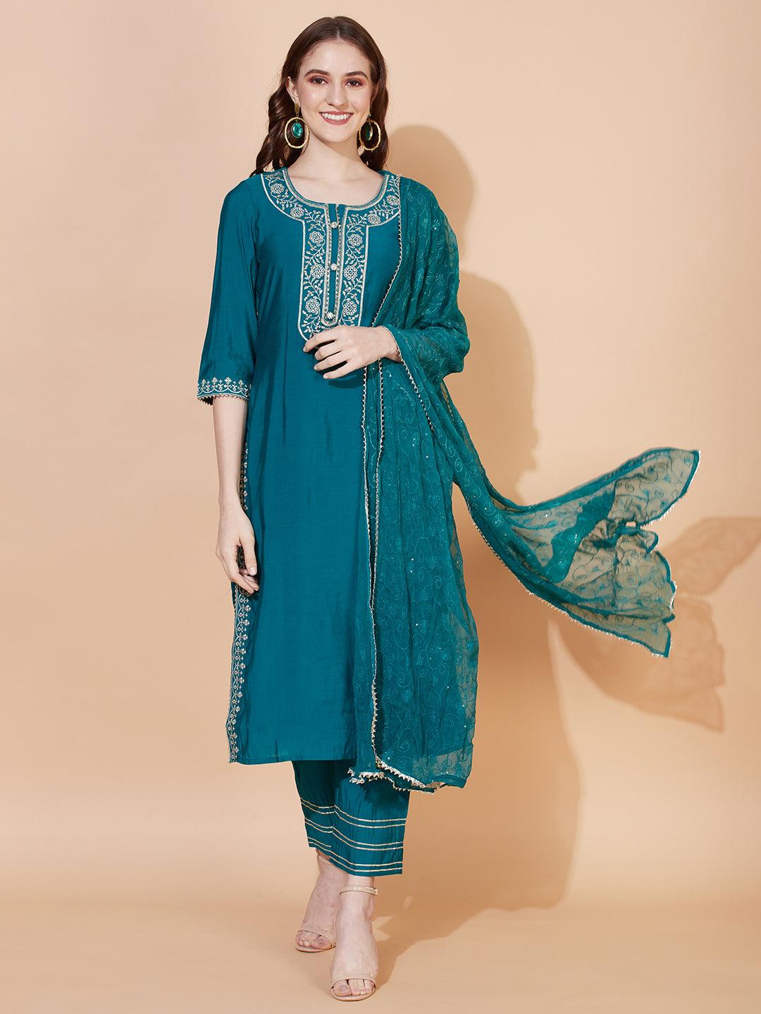 Ethnic Embroidered Straight Kurta with Pants & Dupatta - Teal Green - Indiakreations