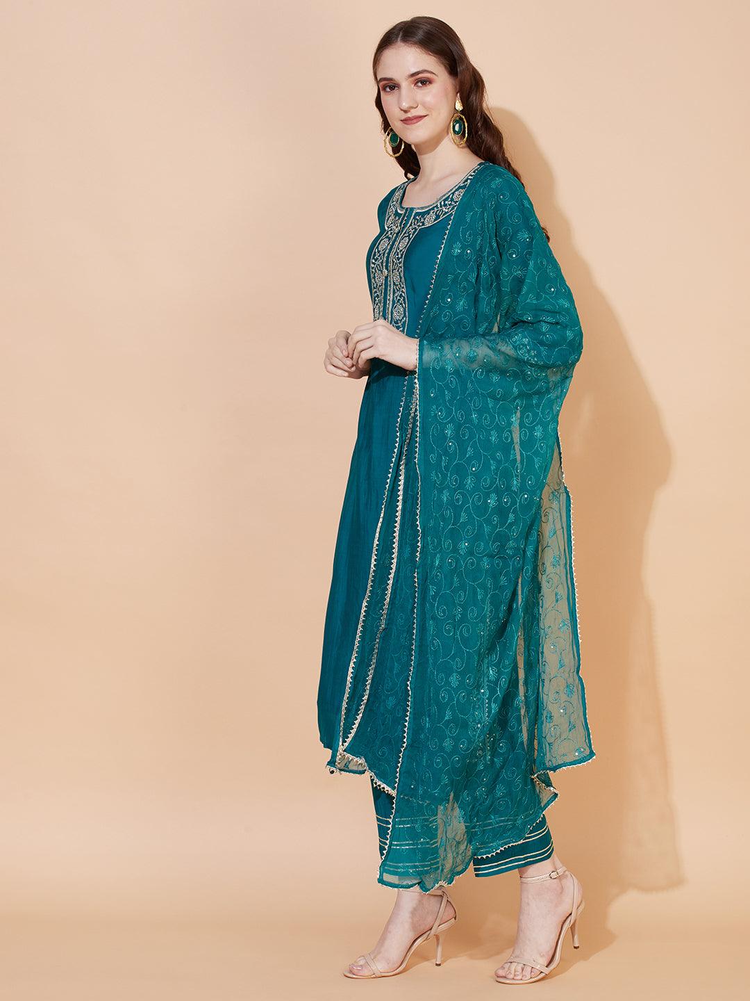 Ethnic Embroidered Straight Kurta with Pants & Dupatta - Teal Green - Indiakreations