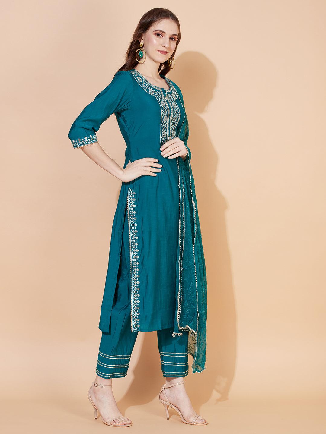 Ethnic Embroidered Straight Kurta with Pants & Dupatta - Teal Green - Indiakreations