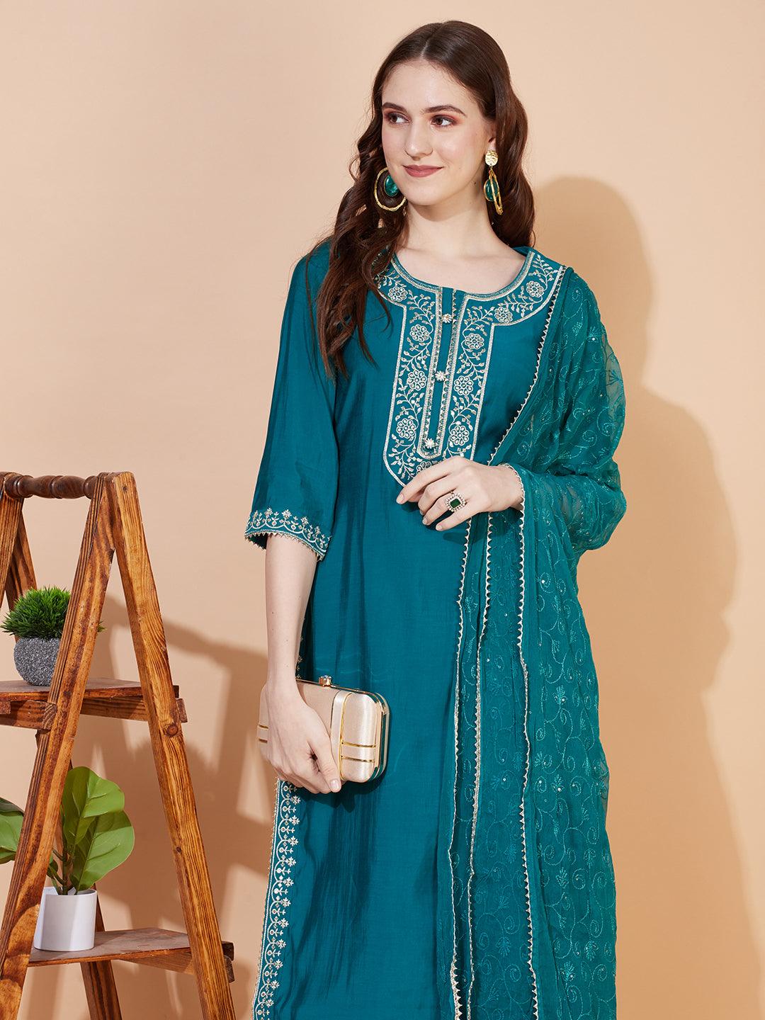 Ethnic Embroidered Straight Kurta with Pants & Dupatta - Teal Green - Indiakreations