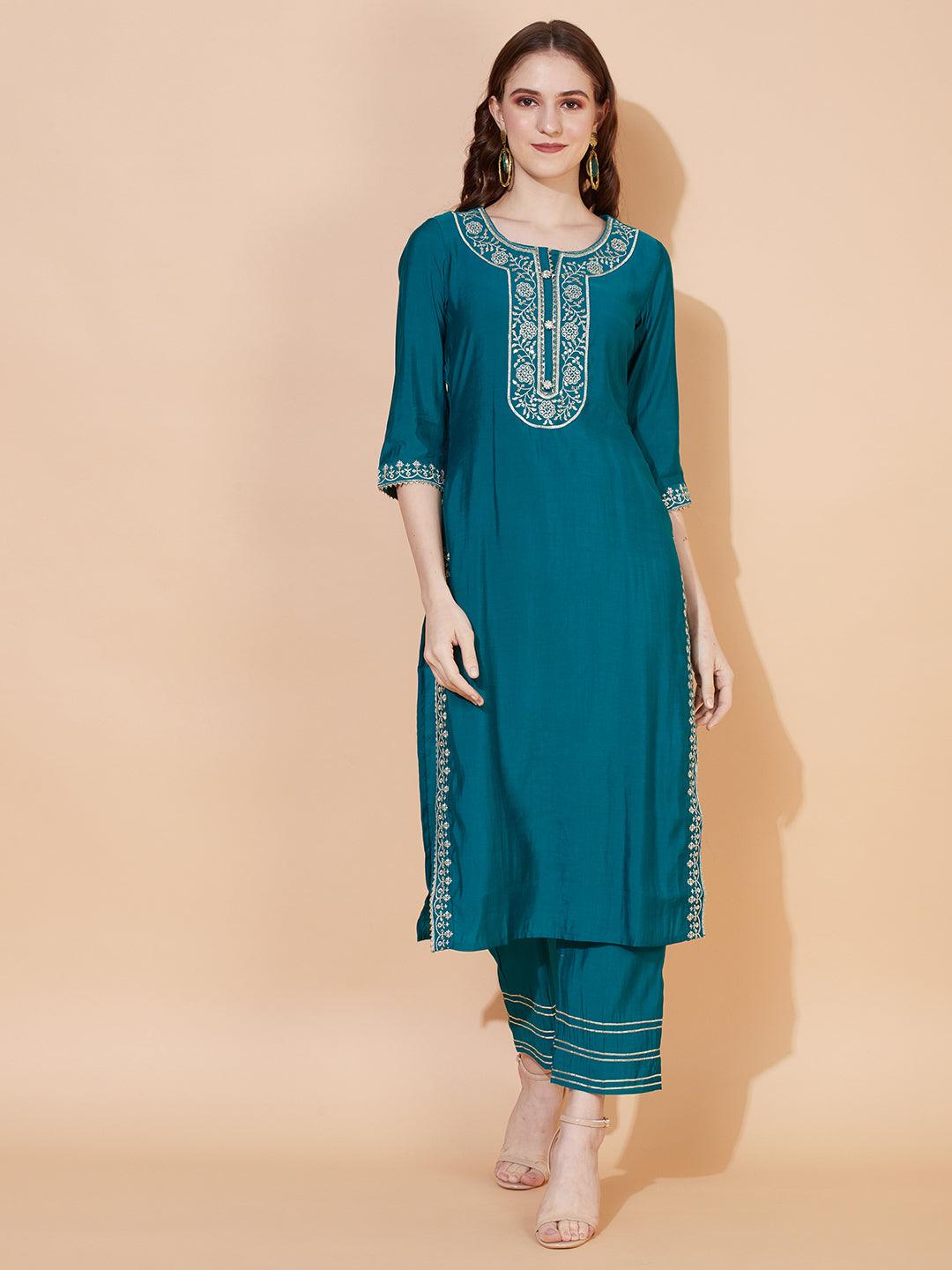 Ethnic Embroidered Straight Kurta with Pants & Dupatta - Teal Green - Indiakreations