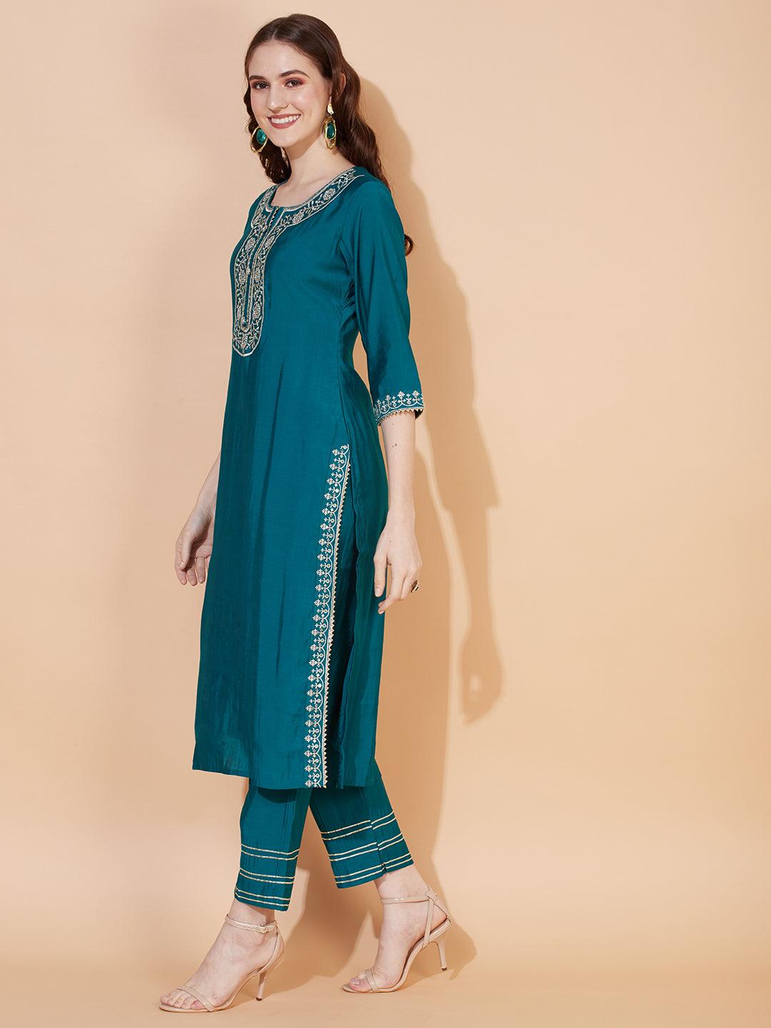 Ethnic Embroidered Straight Kurta with Pants & Dupatta - Teal Green - Indiakreations