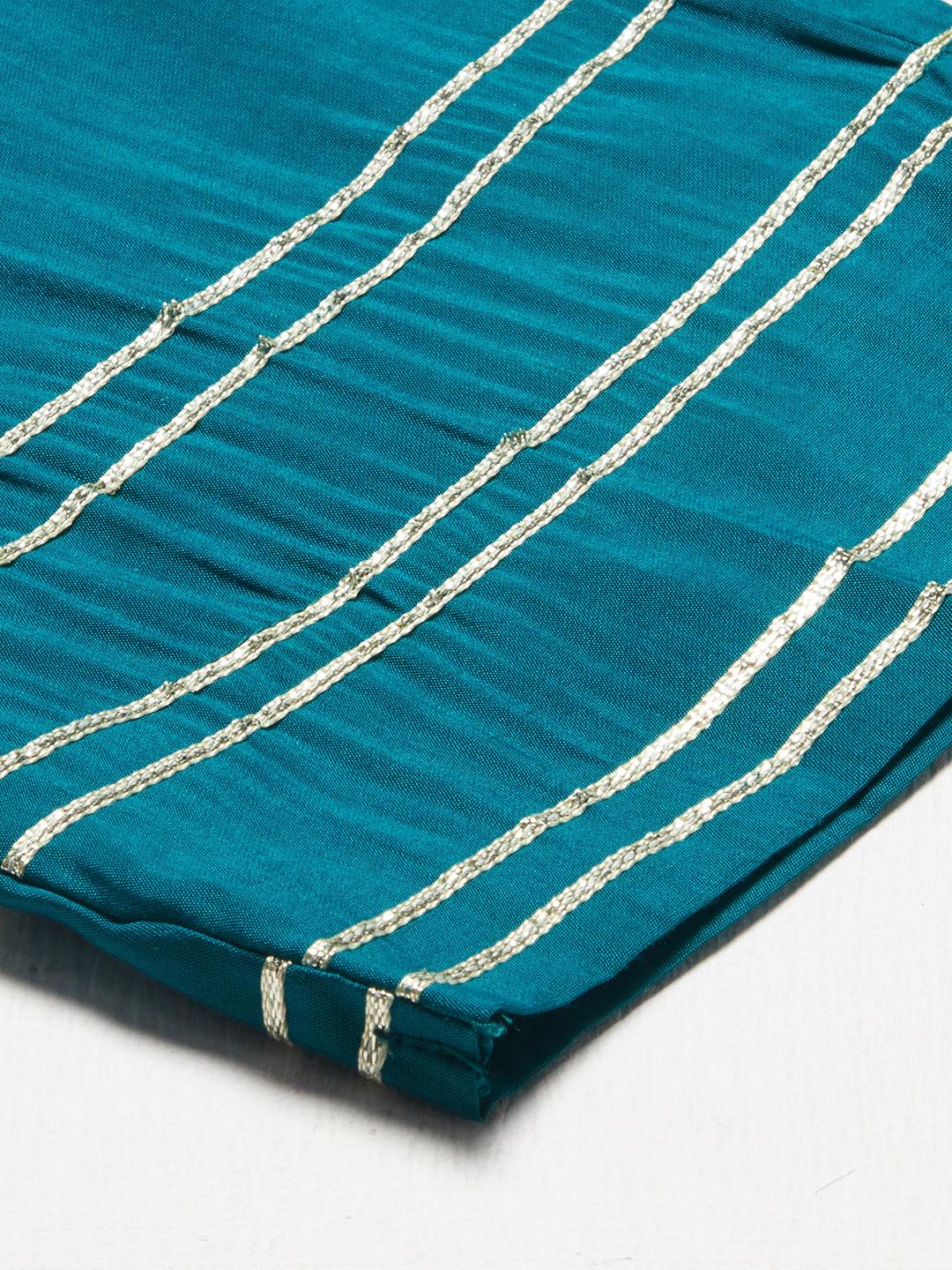 Ethnic Embroidered Straight Kurta with Pants & Dupatta - Teal Green - Indiakreations