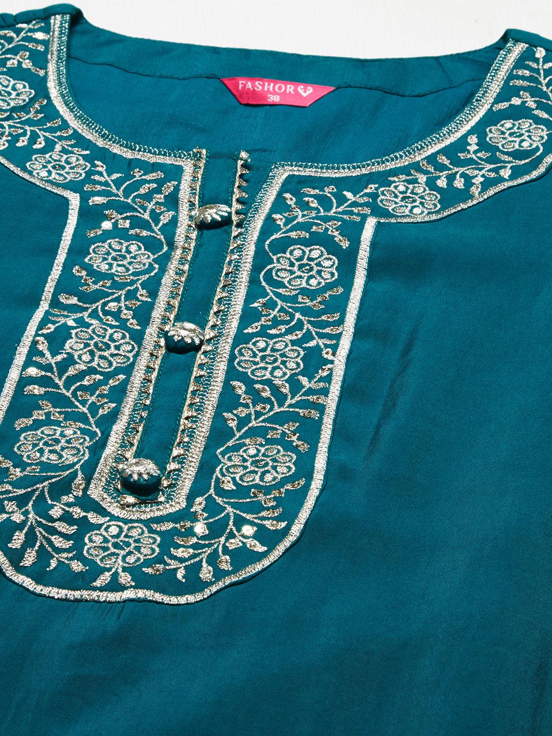 Ethnic Embroidered Straight Kurta with Pants & Dupatta - Teal Green - Indiakreations