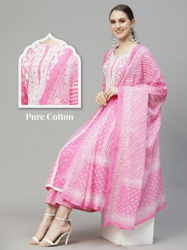 Bandhani Printed & Embroidered Kurta with Pants & Dupatta - Pink - Indiakreations