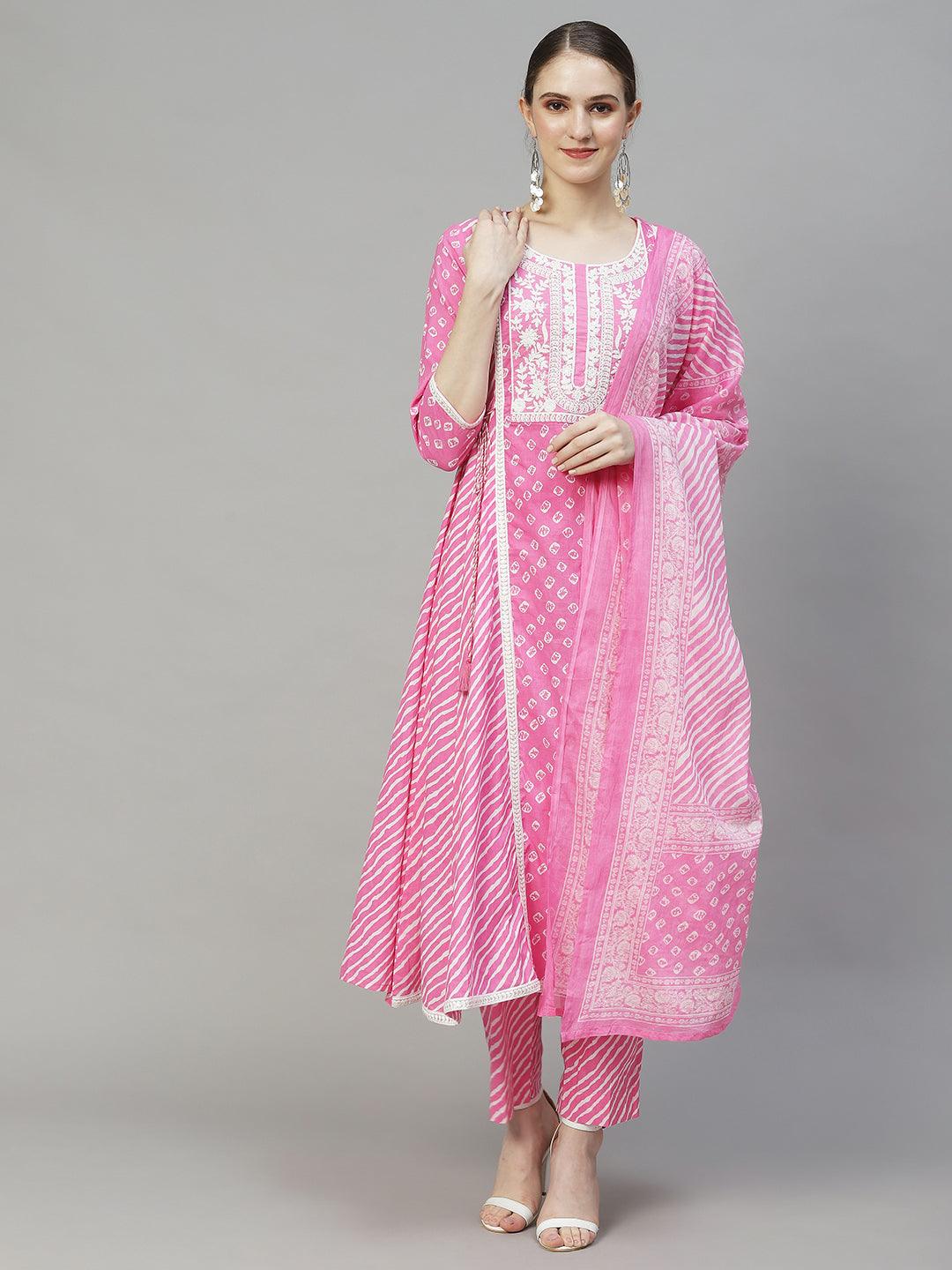 Bandhani Printed & Embroidered Kurta with Pants & Dupatta - Pink - Indiakreations