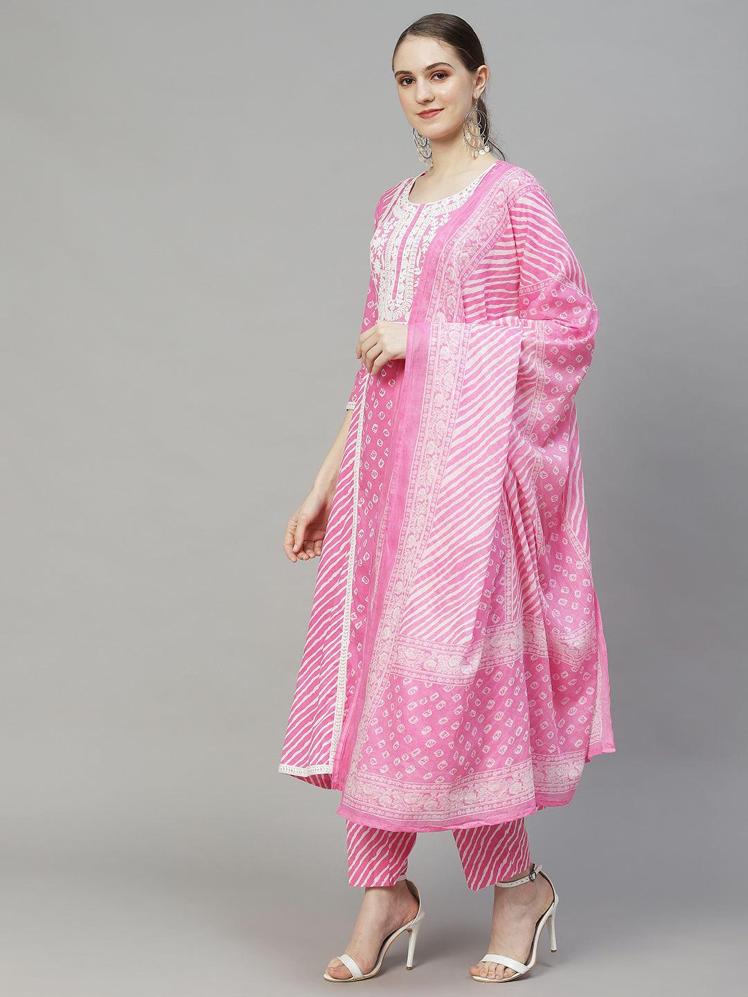 Bandhani Printed & Embroidered Kurta with Pants & Dupatta - Pink - Indiakreations