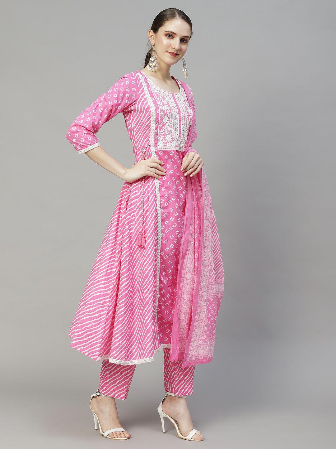 Bandhani Printed & Embroidered Kurta with Pants & Dupatta - Pink - Indiakreations