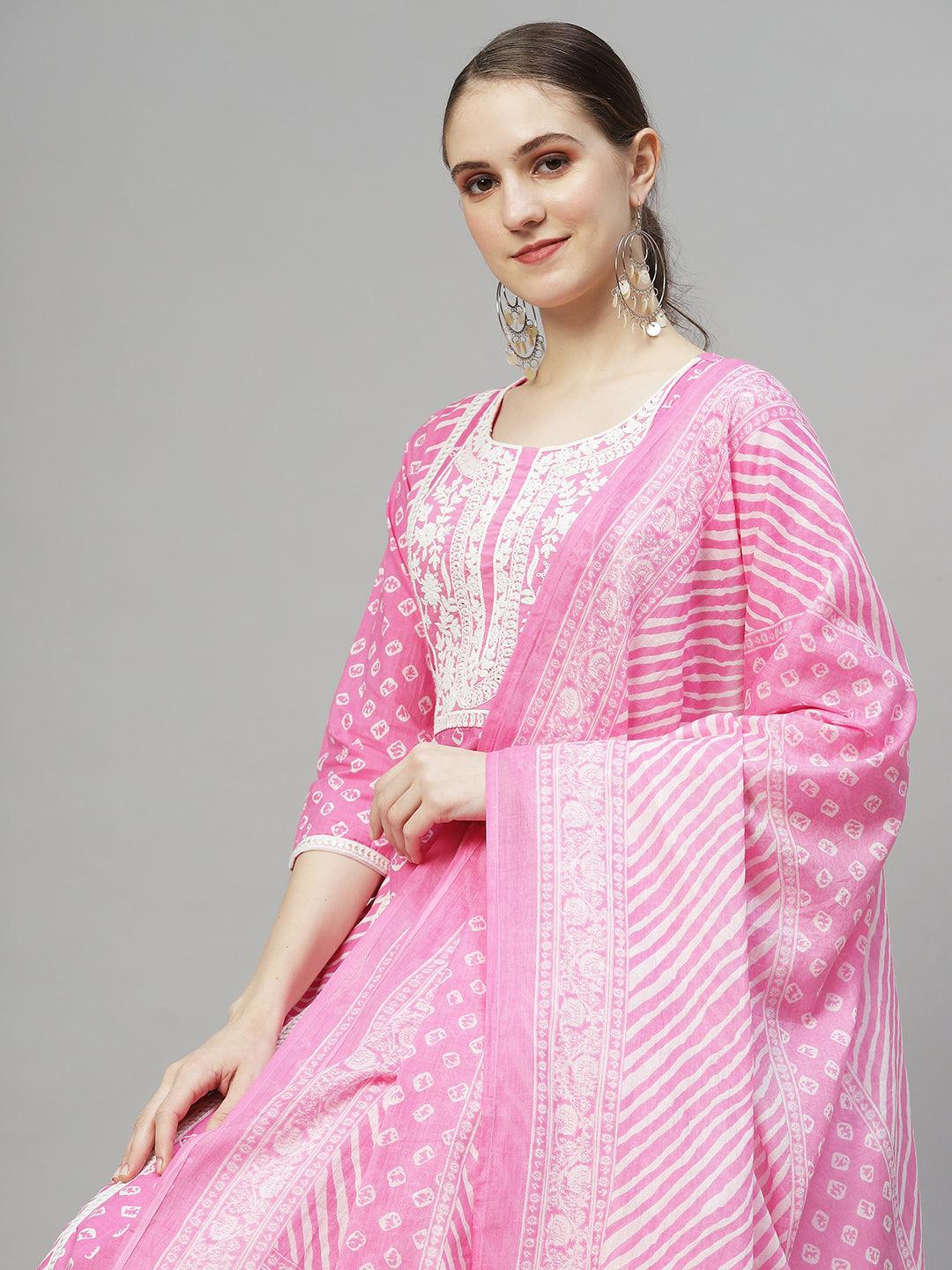 Bandhani Printed & Embroidered Kurta with Pants & Dupatta - Pink - Indiakreations