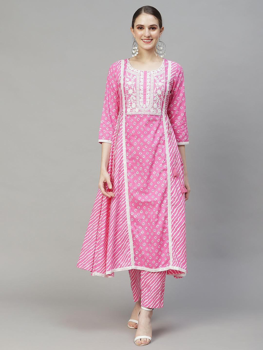 Bandhani Printed & Embroidered Kurta with Pants & Dupatta - Pink - Indiakreations