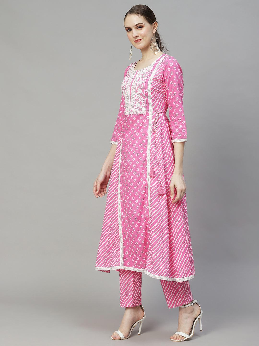 Bandhani Printed & Embroidered Kurta with Pants & Dupatta - Pink - Indiakreations