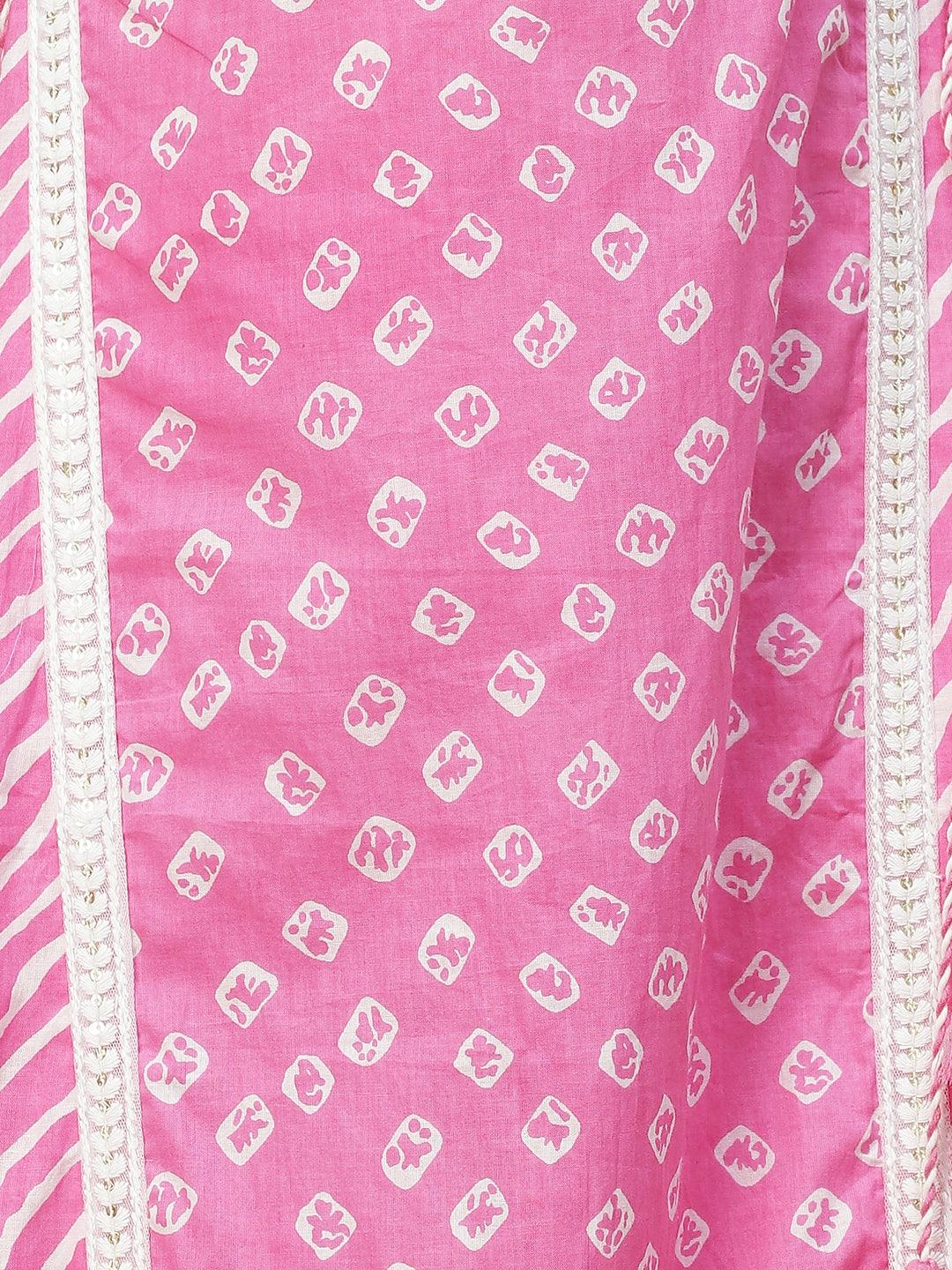 Bandhani Printed & Embroidered Kurta with Pants & Dupatta - Pink - Indiakreations