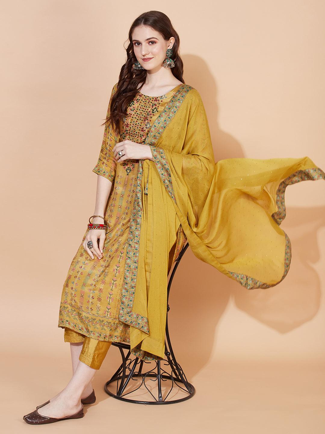 Ethnic Printed & Hand Embroidered Kurta with Pants & Dupatta - Mustard - Indiakreations