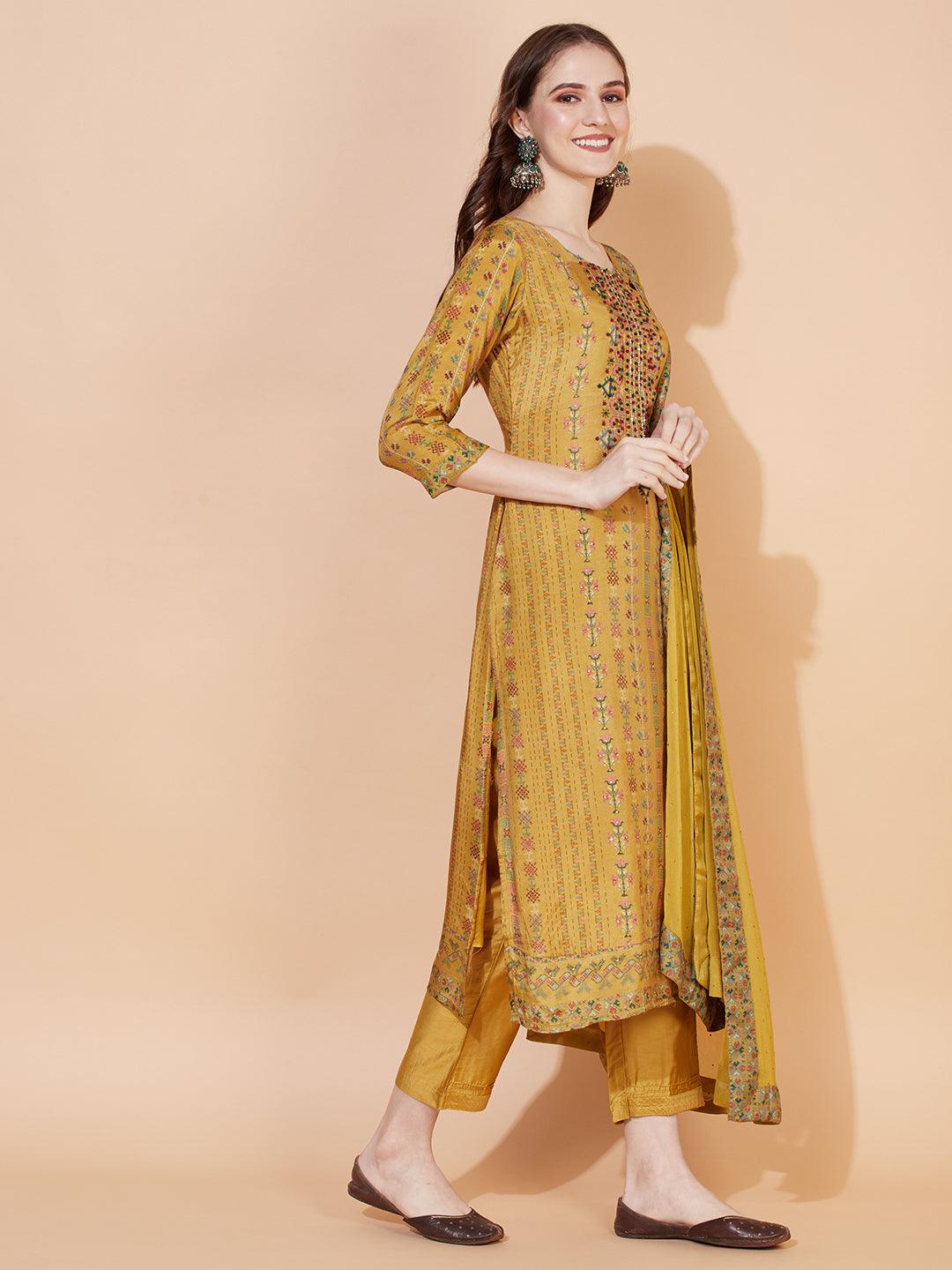 Ethnic Printed & Hand Embroidered Kurta with Pants & Dupatta - Mustard - Indiakreations