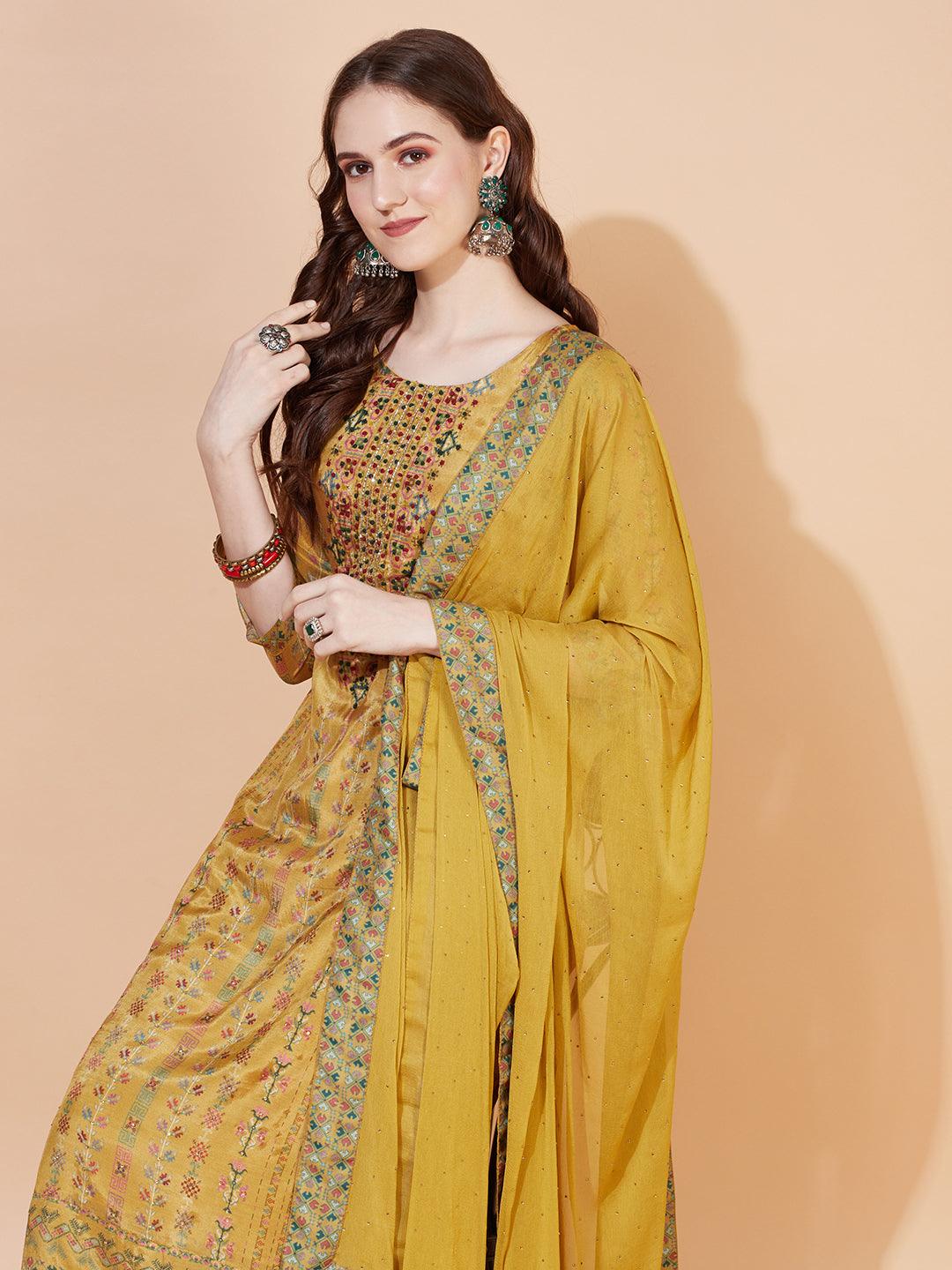 Ethnic Printed & Hand Embroidered Kurta with Pants & Dupatta - Mustard - Indiakreations