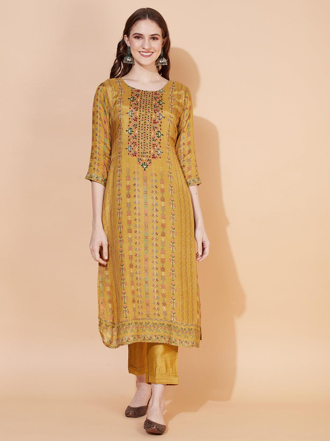 Ethnic Printed & Hand Embroidered Kurta with Pants & Dupatta - Mustard - Indiakreations