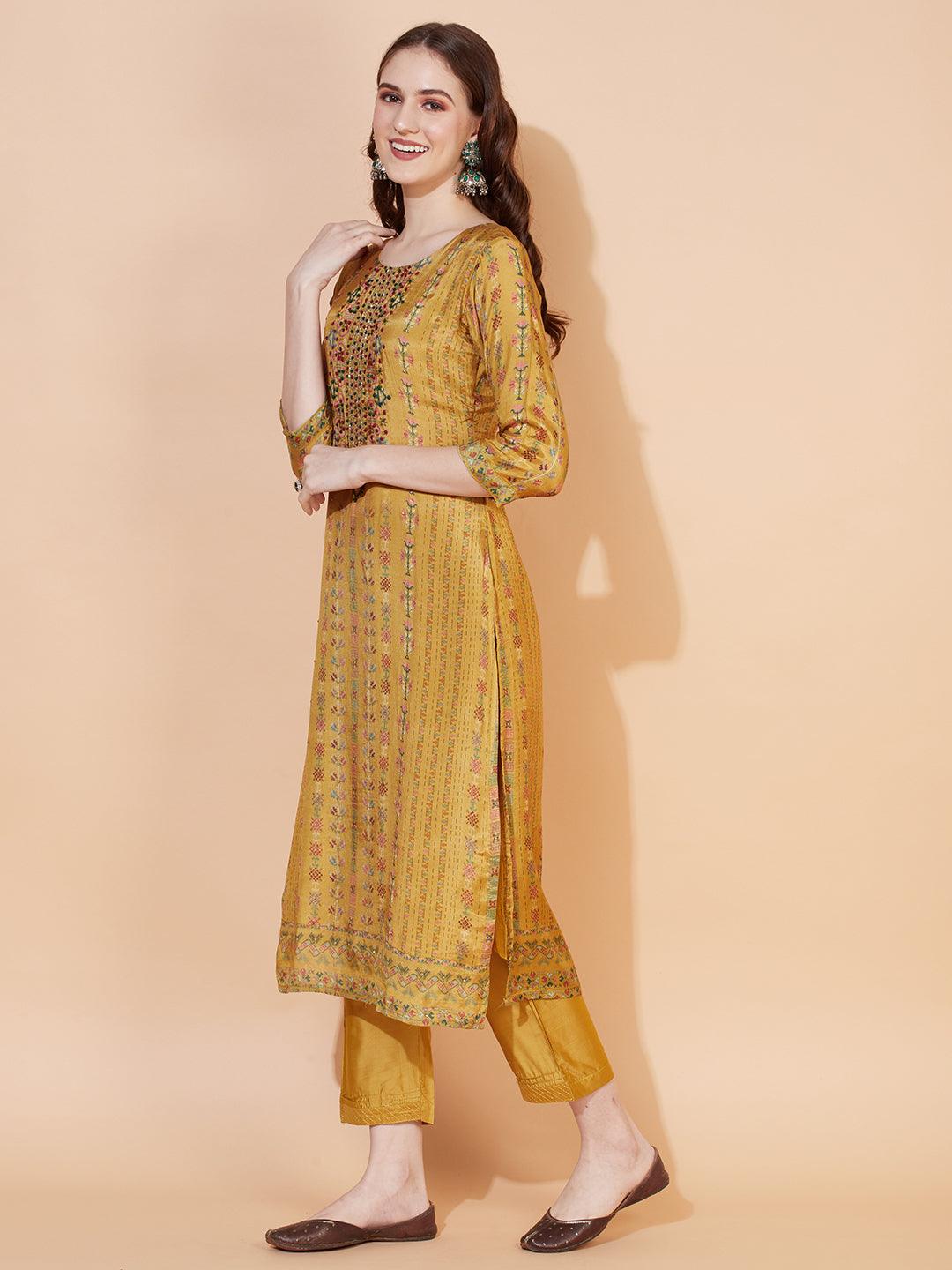 Ethnic Printed & Hand Embroidered Kurta with Pants & Dupatta - Mustard - Indiakreations