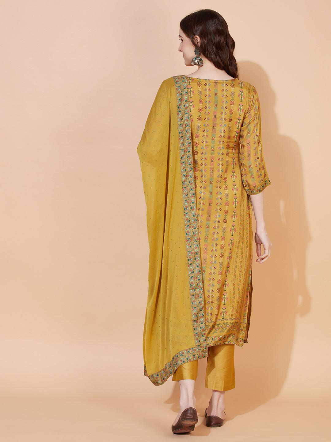 Ethnic Printed & Hand Embroidered Kurta with Pants & Dupatta - Mustard - Indiakreations