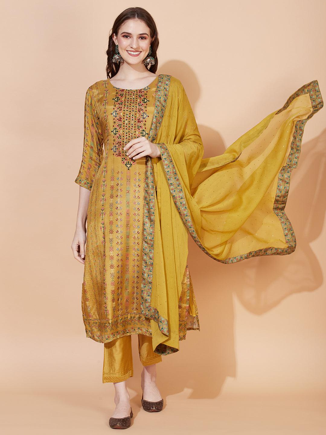 Ethnic Printed & Hand Embroidered Kurta with Pants & Dupatta - Mustard - Indiakreations