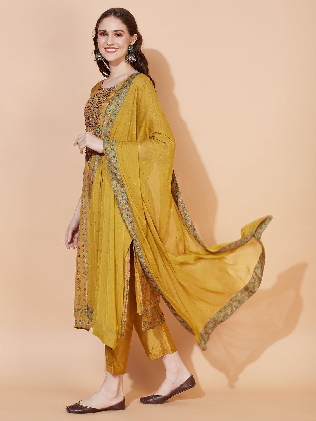 Ethnic Printed & Hand Embroidered Kurta with Pants & Dupatta - Mustard - Indiakreations