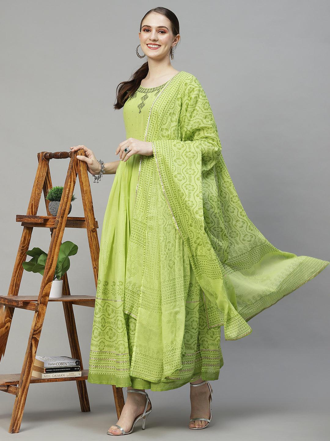 Ethnic Embroidered Flared Kurta with Pants & Dupatta - Light Green - Indiakreations