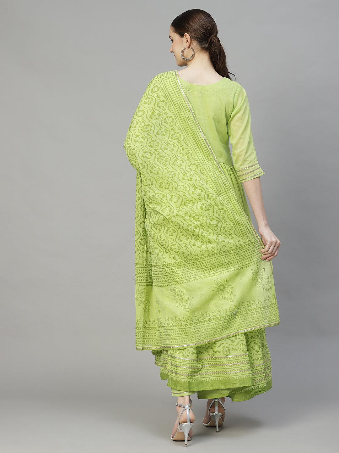 Ethnic Embroidered Flared Kurta with Pants & Dupatta - Light Green - Indiakreations