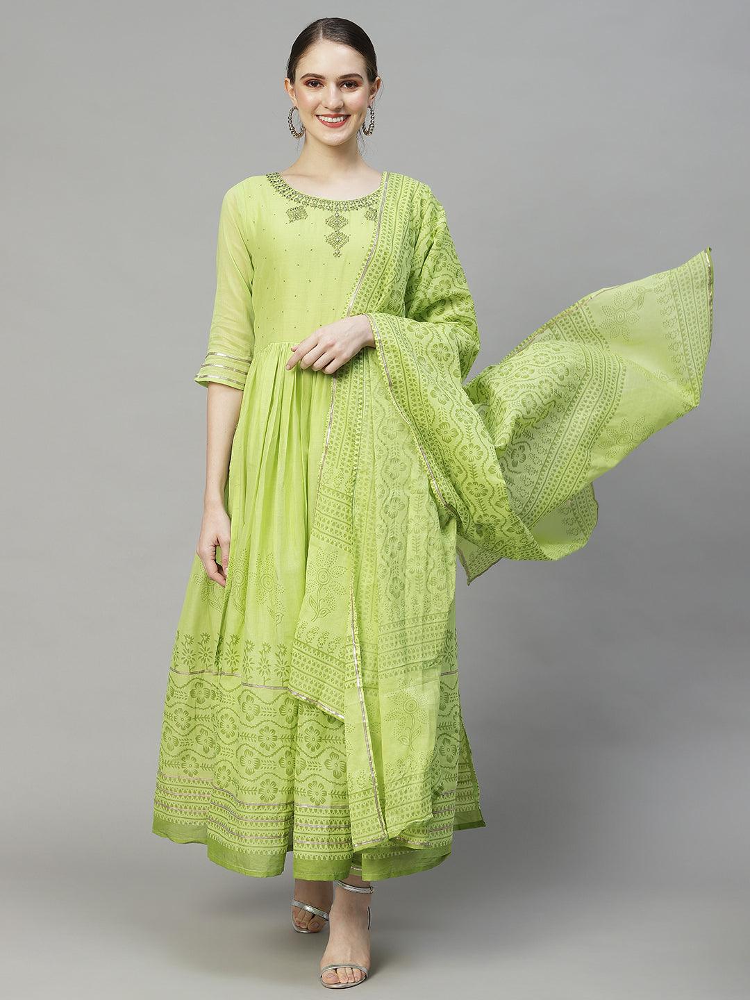 Ethnic Embroidered Flared Kurta with Pants & Dupatta - Light Green - Indiakreations