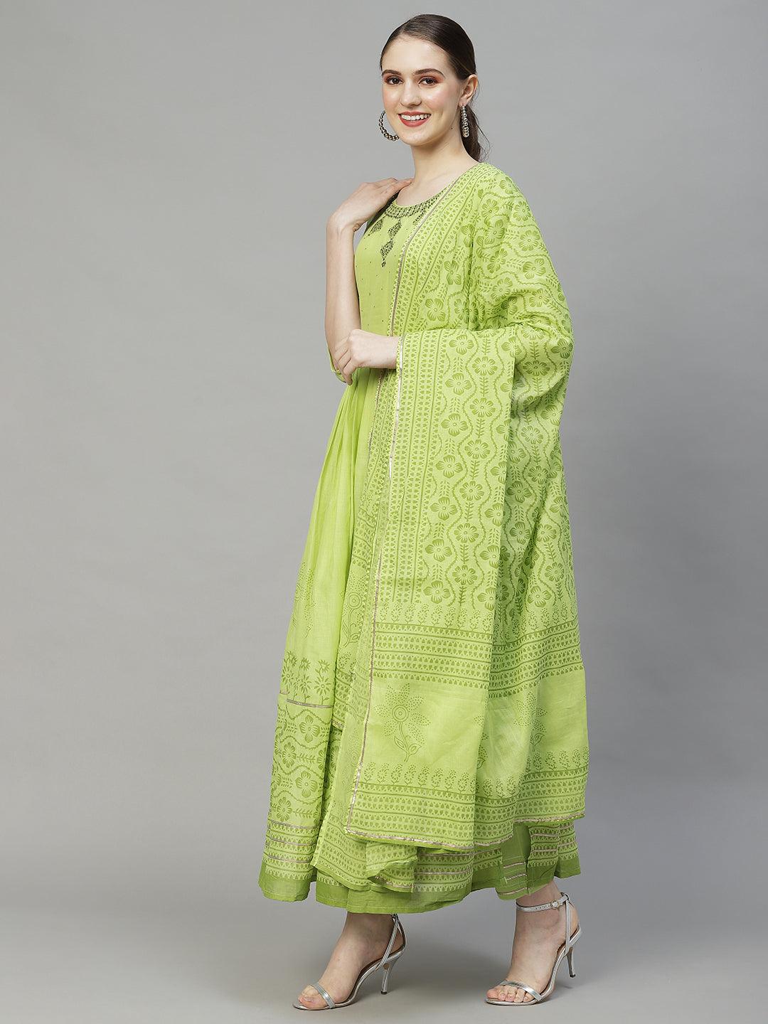 Ethnic Embroidered Flared Kurta with Pants & Dupatta - Light Green - Indiakreations