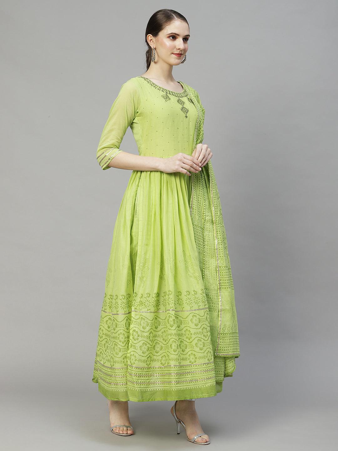 Ethnic Embroidered Flared Kurta with Pants & Dupatta - Light Green - Indiakreations