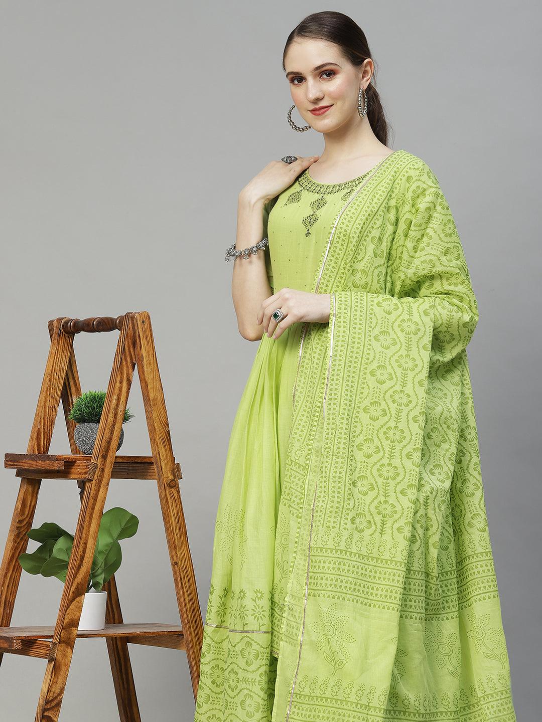 Ethnic Embroidered Flared Kurta with Pants & Dupatta - Light Green - Indiakreations