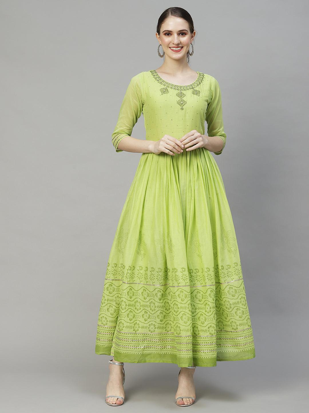 Ethnic Embroidered Flared Kurta with Pants & Dupatta - Light Green - Indiakreations