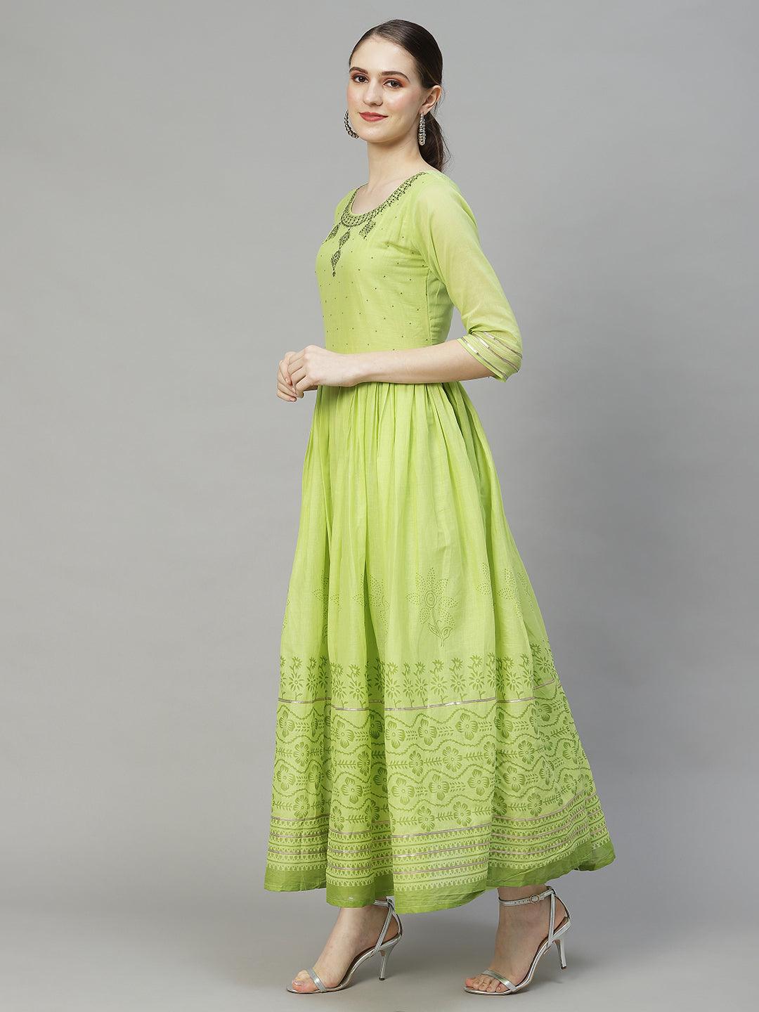 Ethnic Embroidered Flared Kurta with Pants & Dupatta - Light Green - Indiakreations