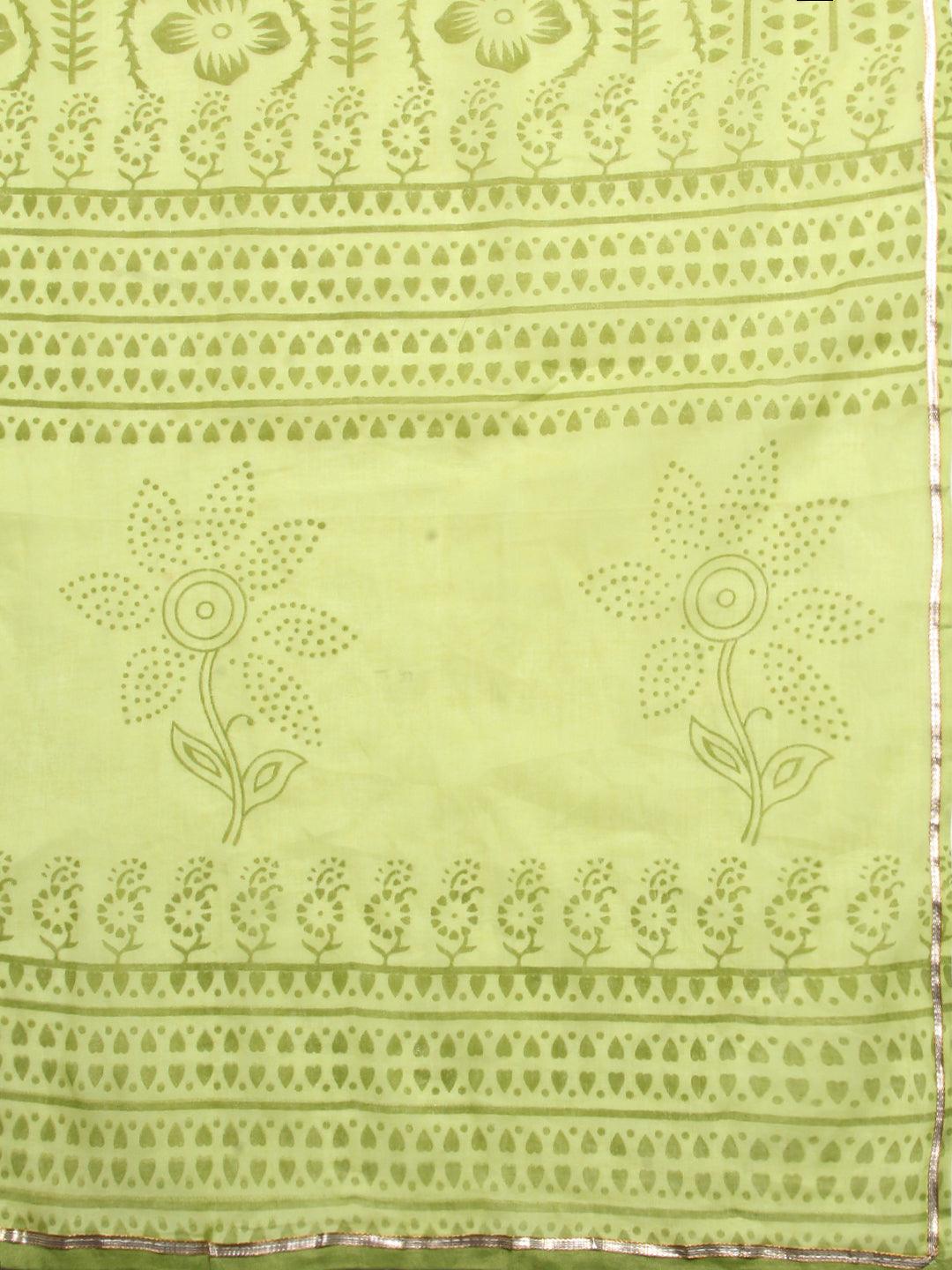 Ethnic Embroidered Flared Kurta with Pants & Dupatta - Light Green - Indiakreations