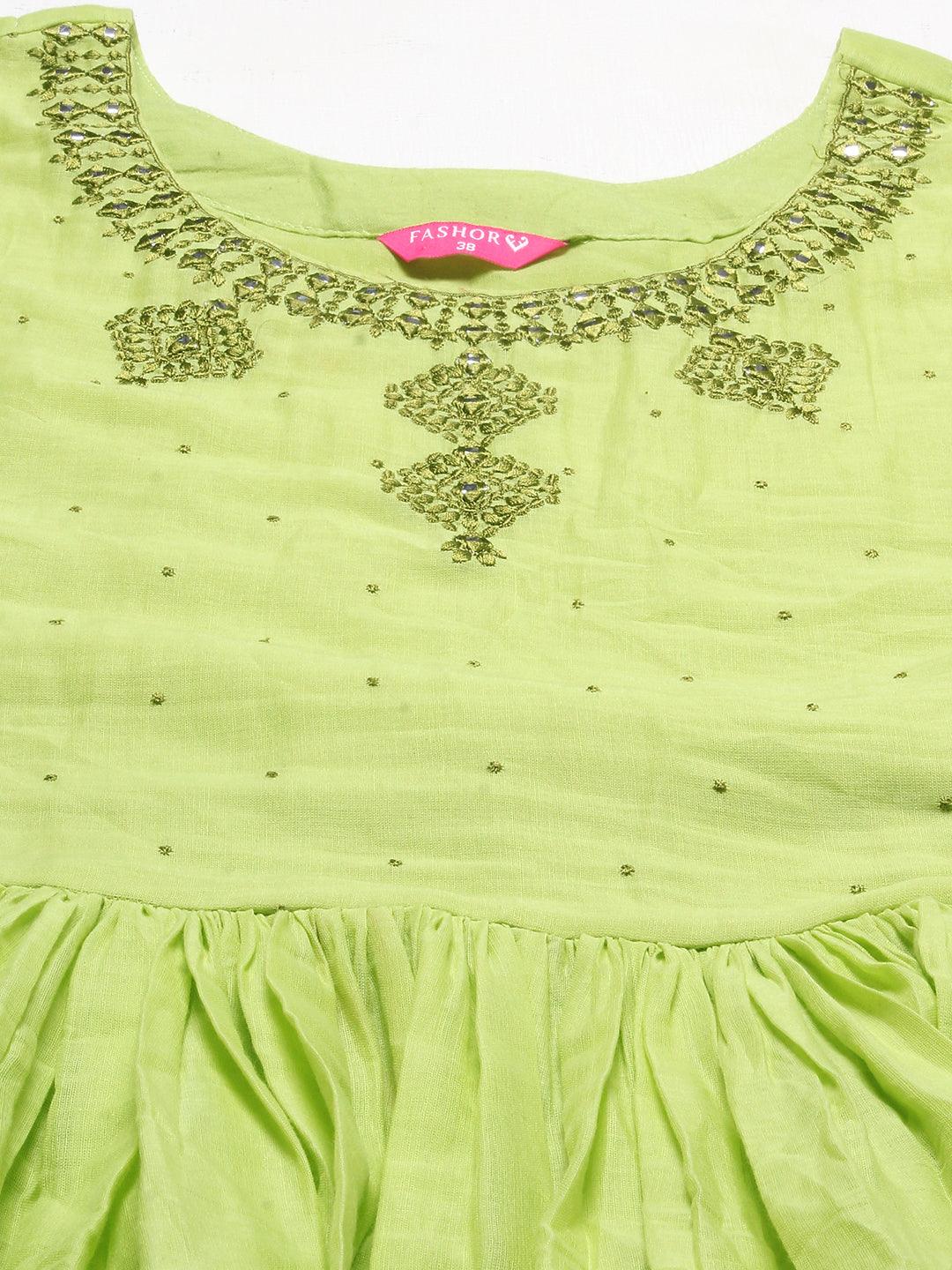 Ethnic Embroidered Flared Kurta with Pants & Dupatta - Light Green - Indiakreations