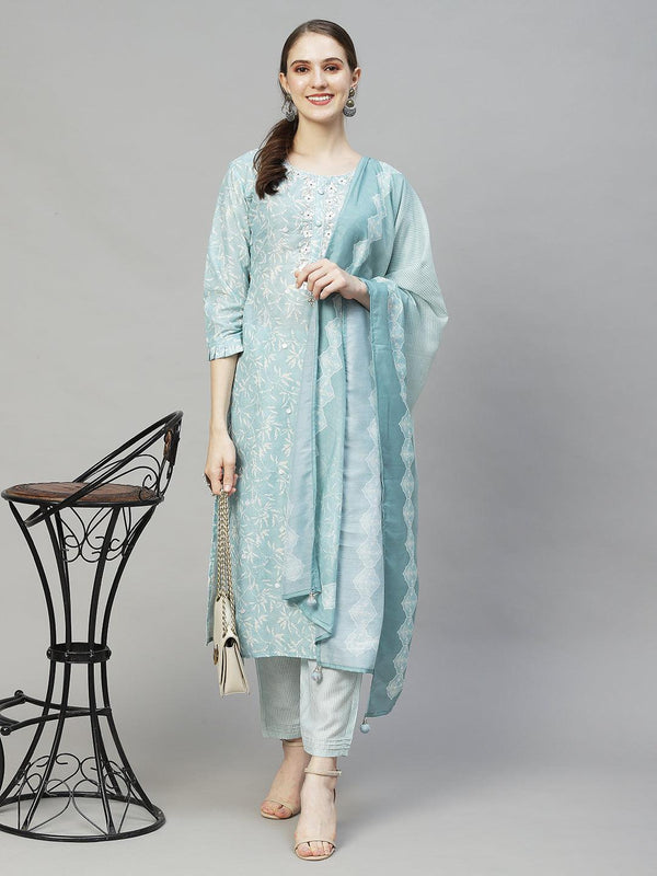 Floral Printed & Hand Embroidered Kurta with Pants & Dupatta - Powder Blue - Indiakreations