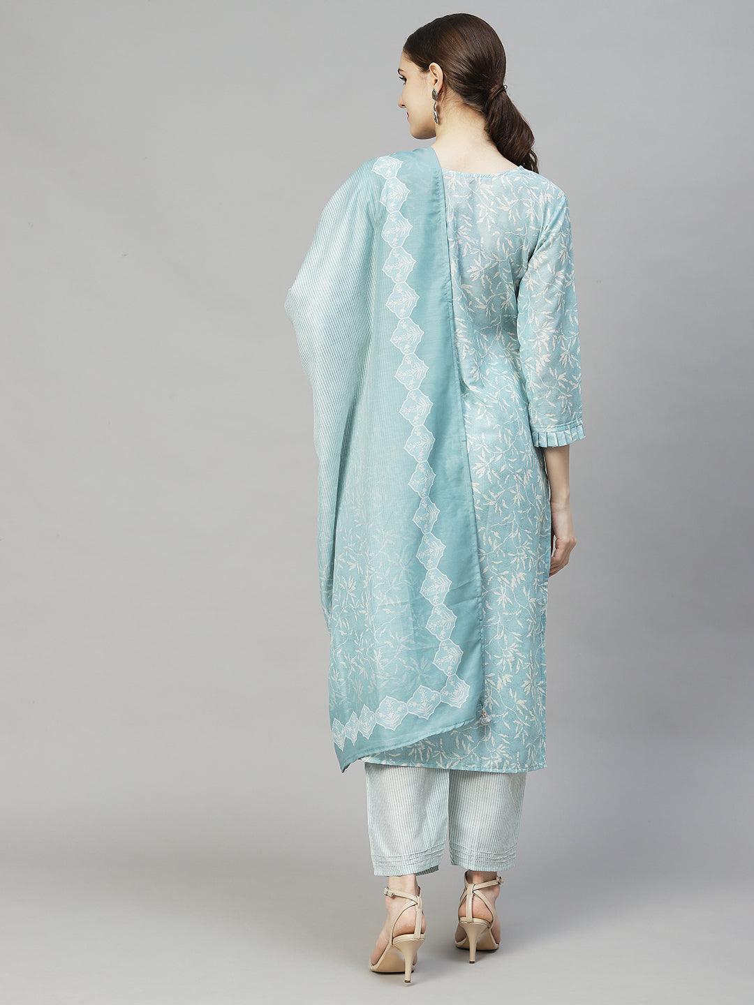 Floral Printed & Hand Embroidered Kurta with Pants & Dupatta - Powder Blue - Indiakreations