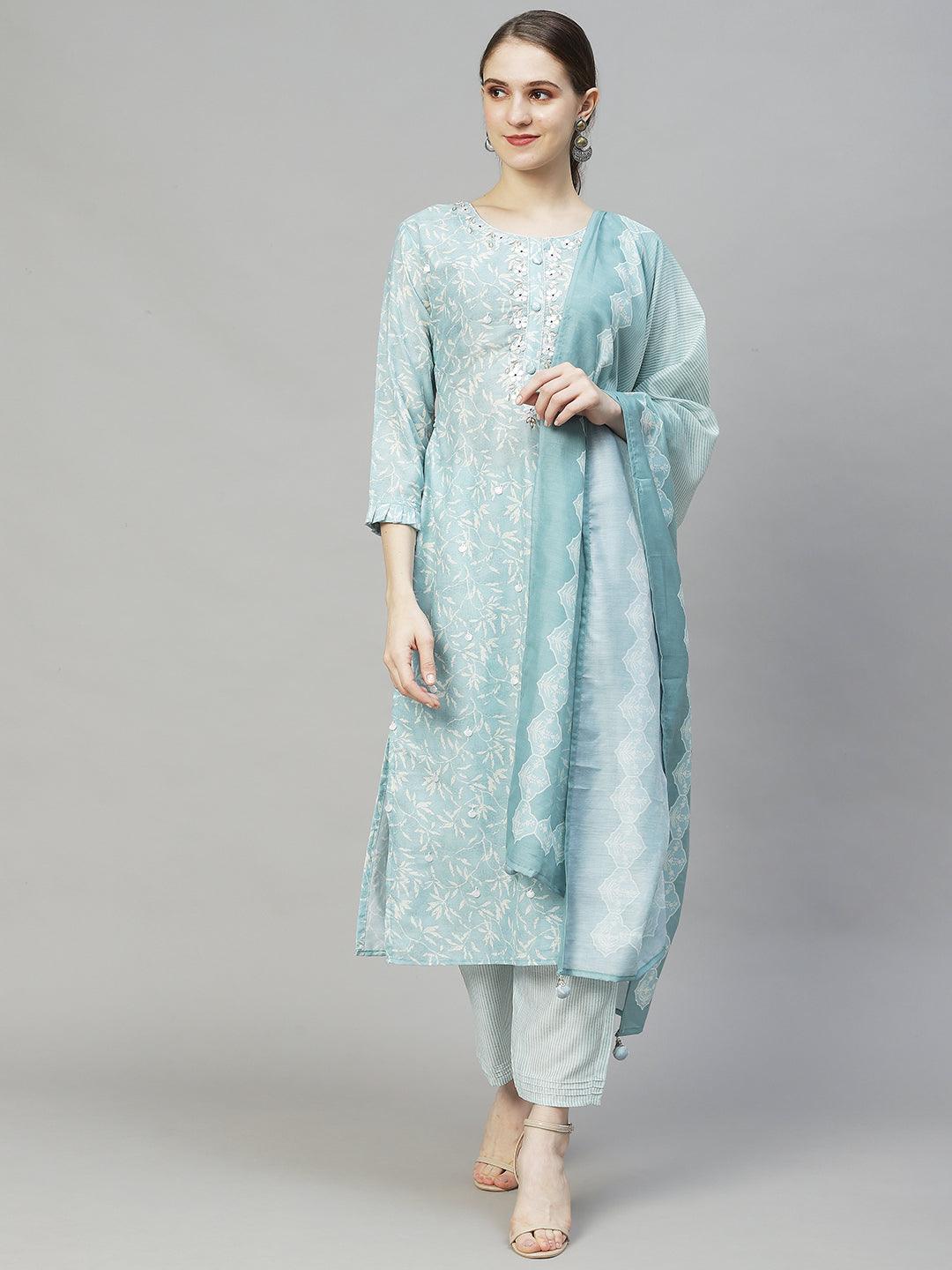 Floral Printed & Hand Embroidered Kurta with Pants & Dupatta - Powder Blue - Indiakreations