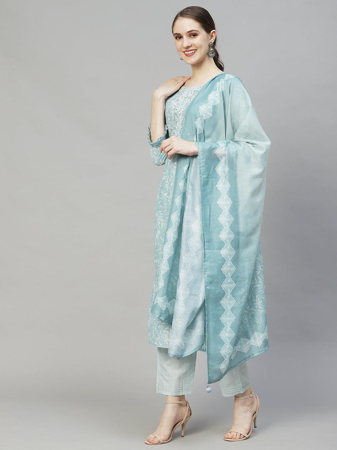 Floral Printed & Hand Embroidered Kurta with Pants & Dupatta - Powder Blue - Indiakreations