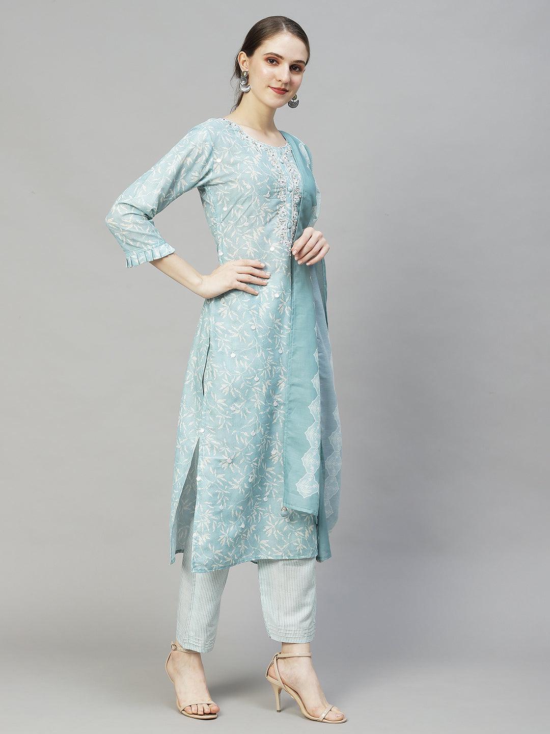 Floral Printed & Hand Embroidered Kurta with Pants & Dupatta - Powder Blue - Indiakreations