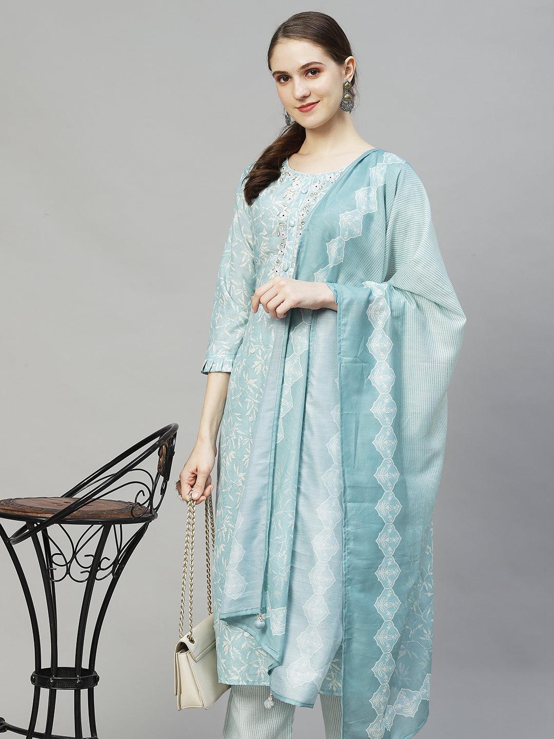 Floral Printed & Hand Embroidered Kurta with Pants & Dupatta - Powder Blue - Indiakreations