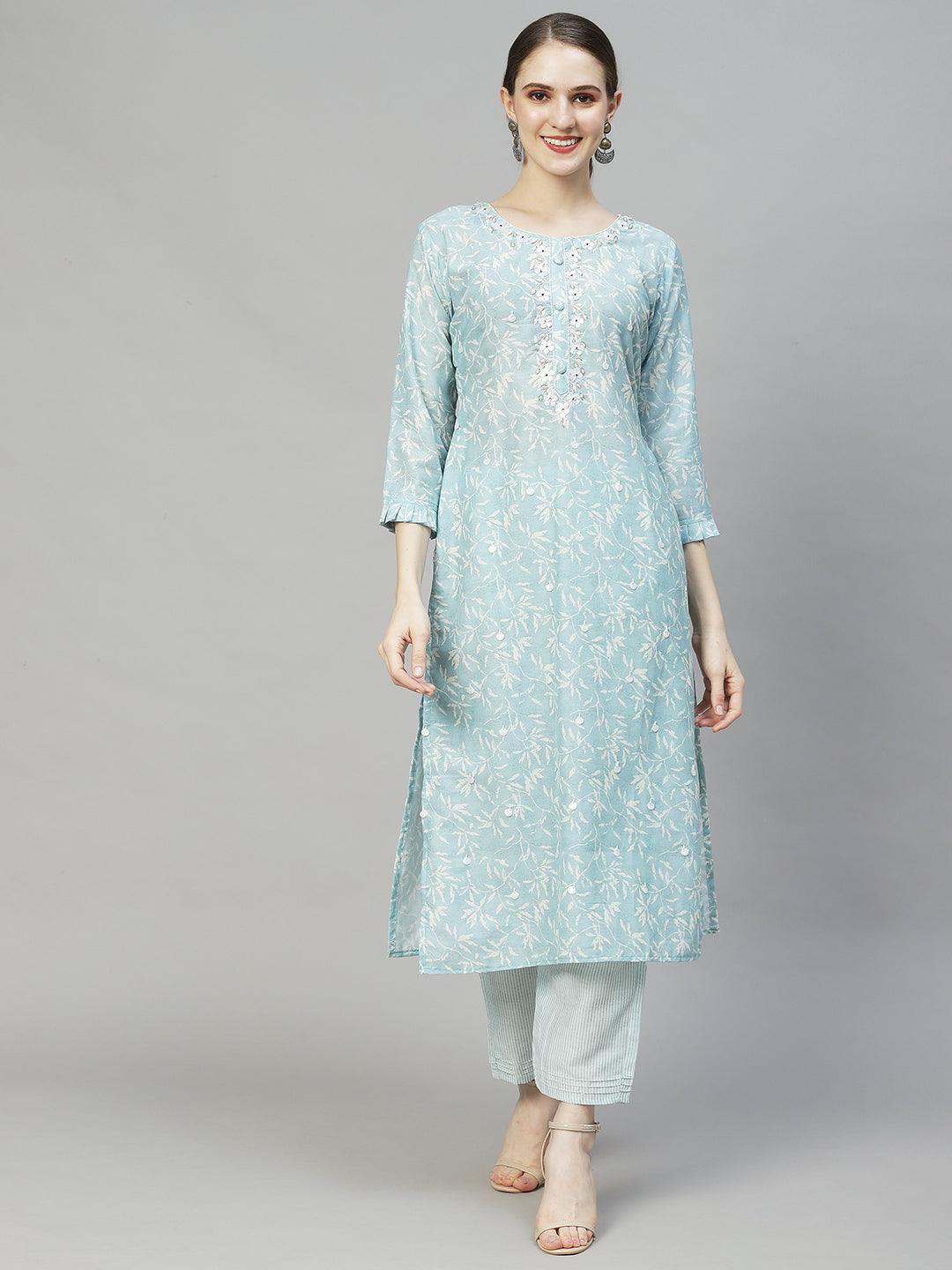 Floral Printed & Hand Embroidered Kurta with Pants & Dupatta - Powder Blue - Indiakreations