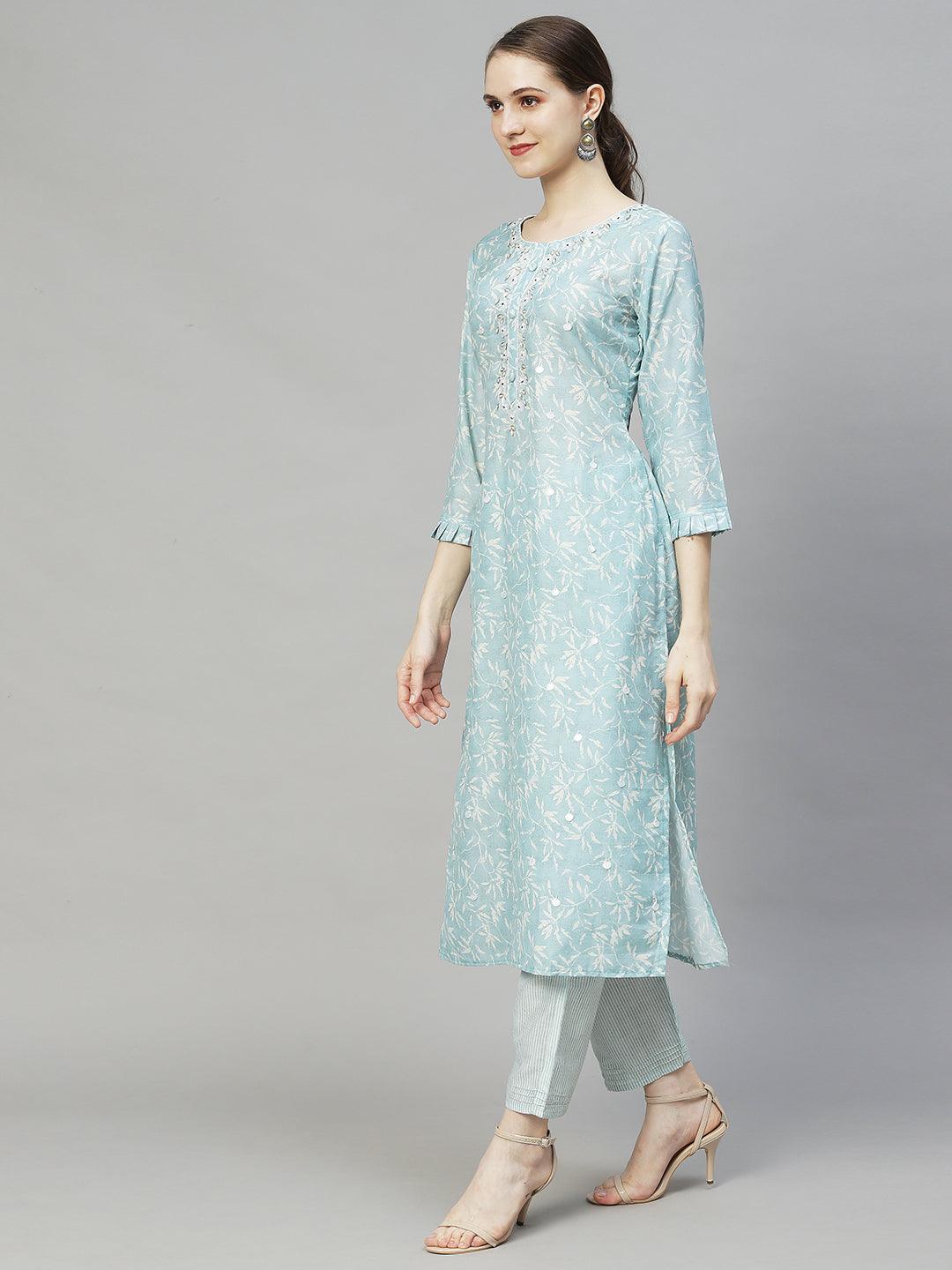 Floral Printed & Hand Embroidered Kurta with Pants & Dupatta - Powder Blue - Indiakreations