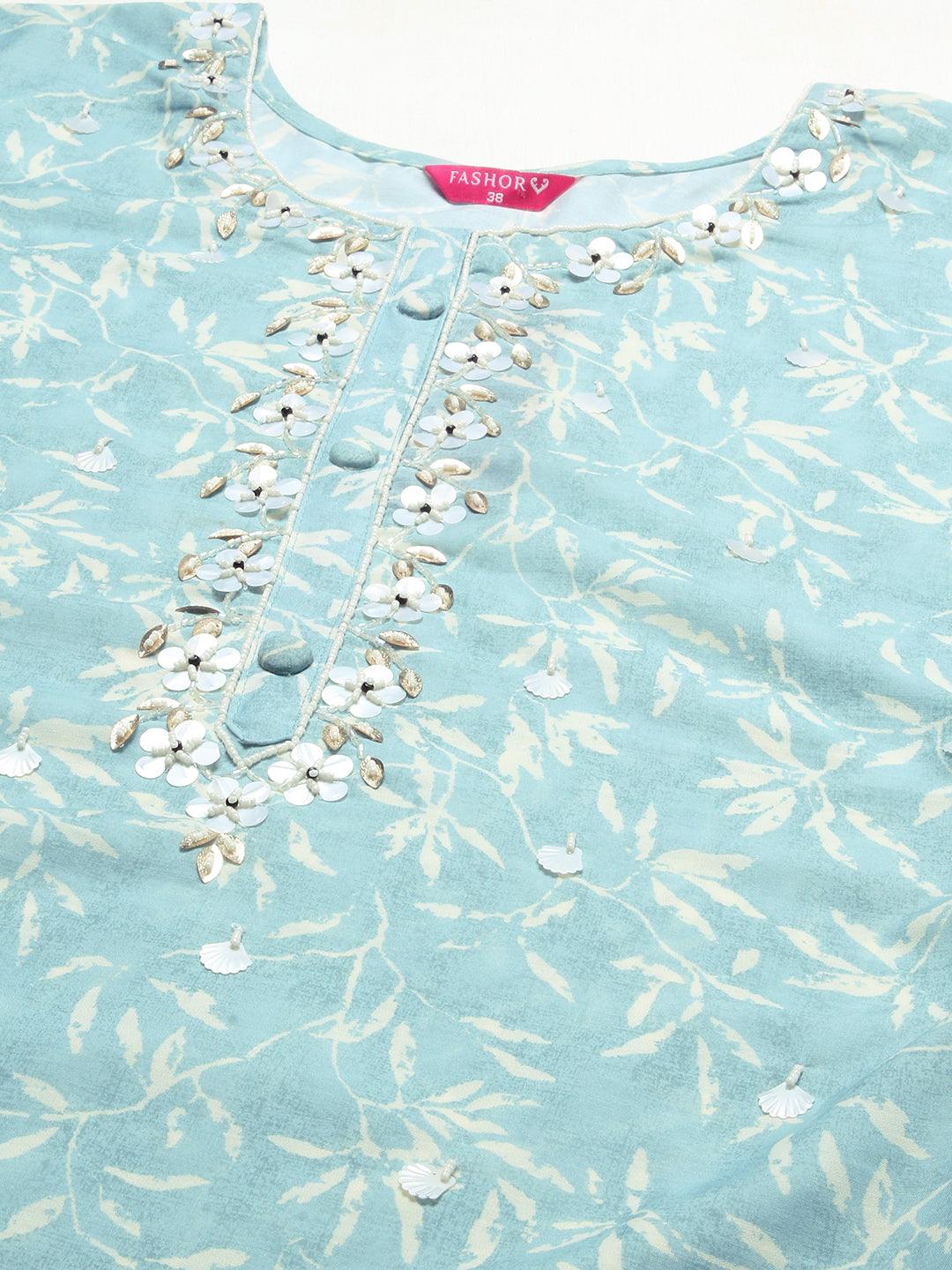 Floral Printed & Hand Embroidered Kurta with Pants & Dupatta - Powder Blue - Indiakreations