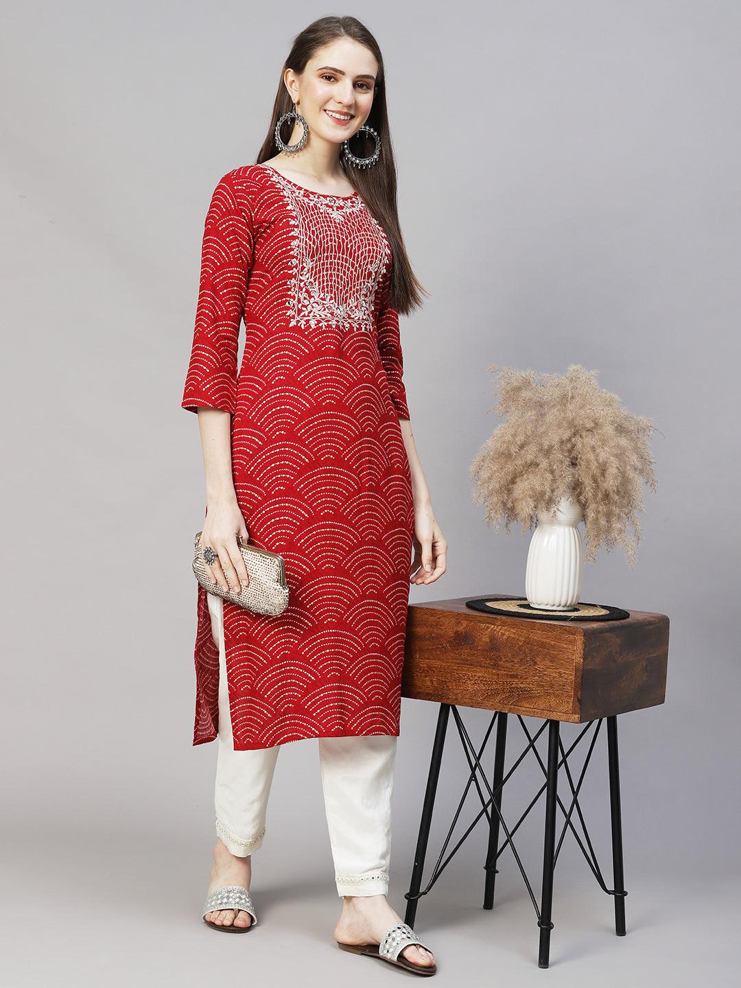 Wifi Printed & Mirror Embroidered Straight Fit Kurta – Red - Indiakreations