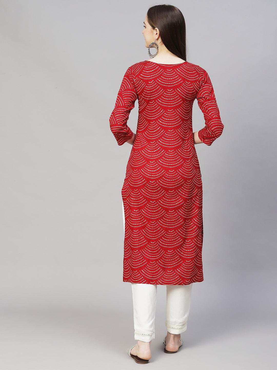 Wifi Printed & Mirror Embroidered Straight Fit Kurta – Red - Indiakreations