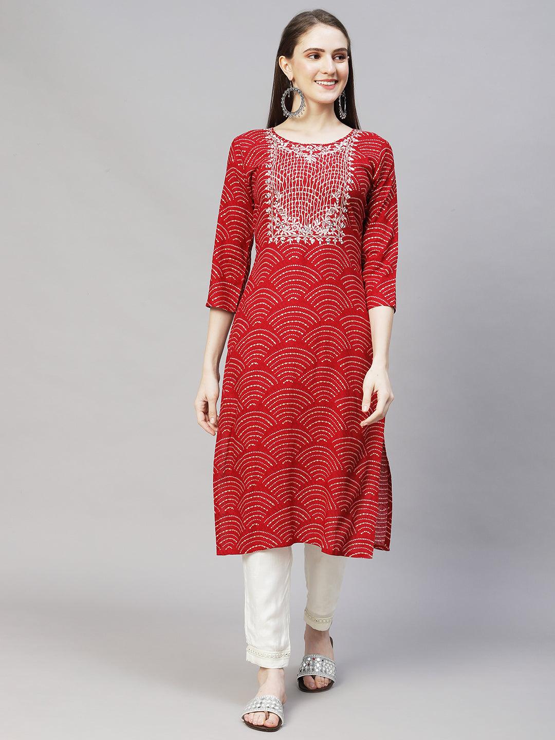 Wifi Printed & Mirror Embroidered Straight Fit Kurta – Red - Indiakreations