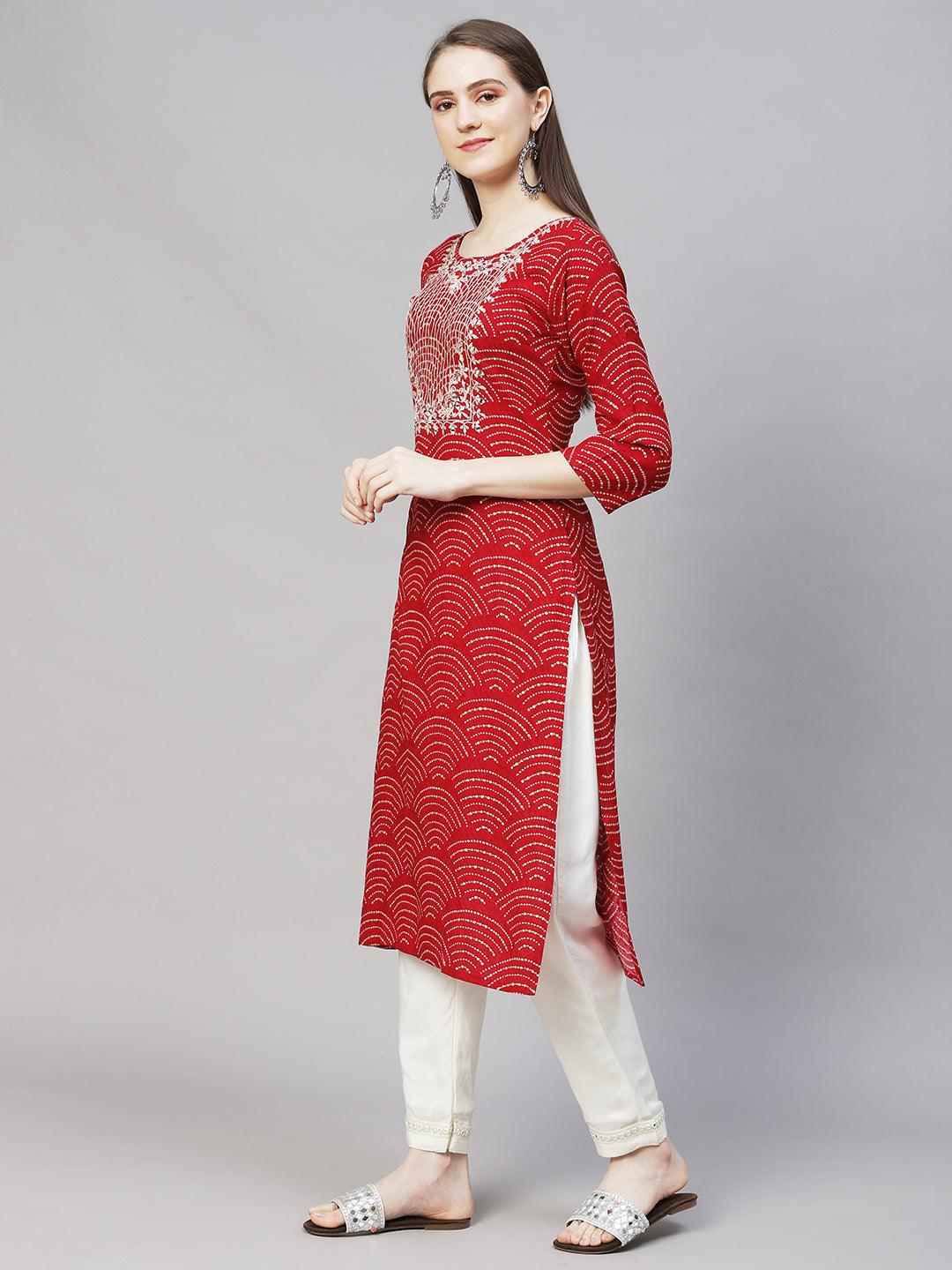 Wifi Printed & Mirror Embroidered Straight Fit Kurta – Red - Indiakreations