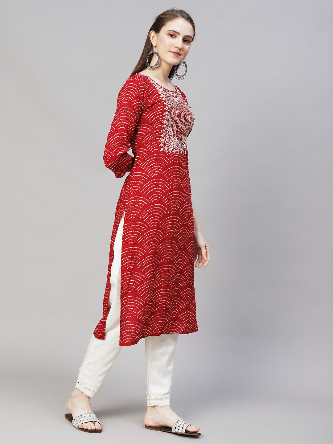 Wifi Printed & Mirror Embroidered Straight Fit Kurta – Red - Indiakreations